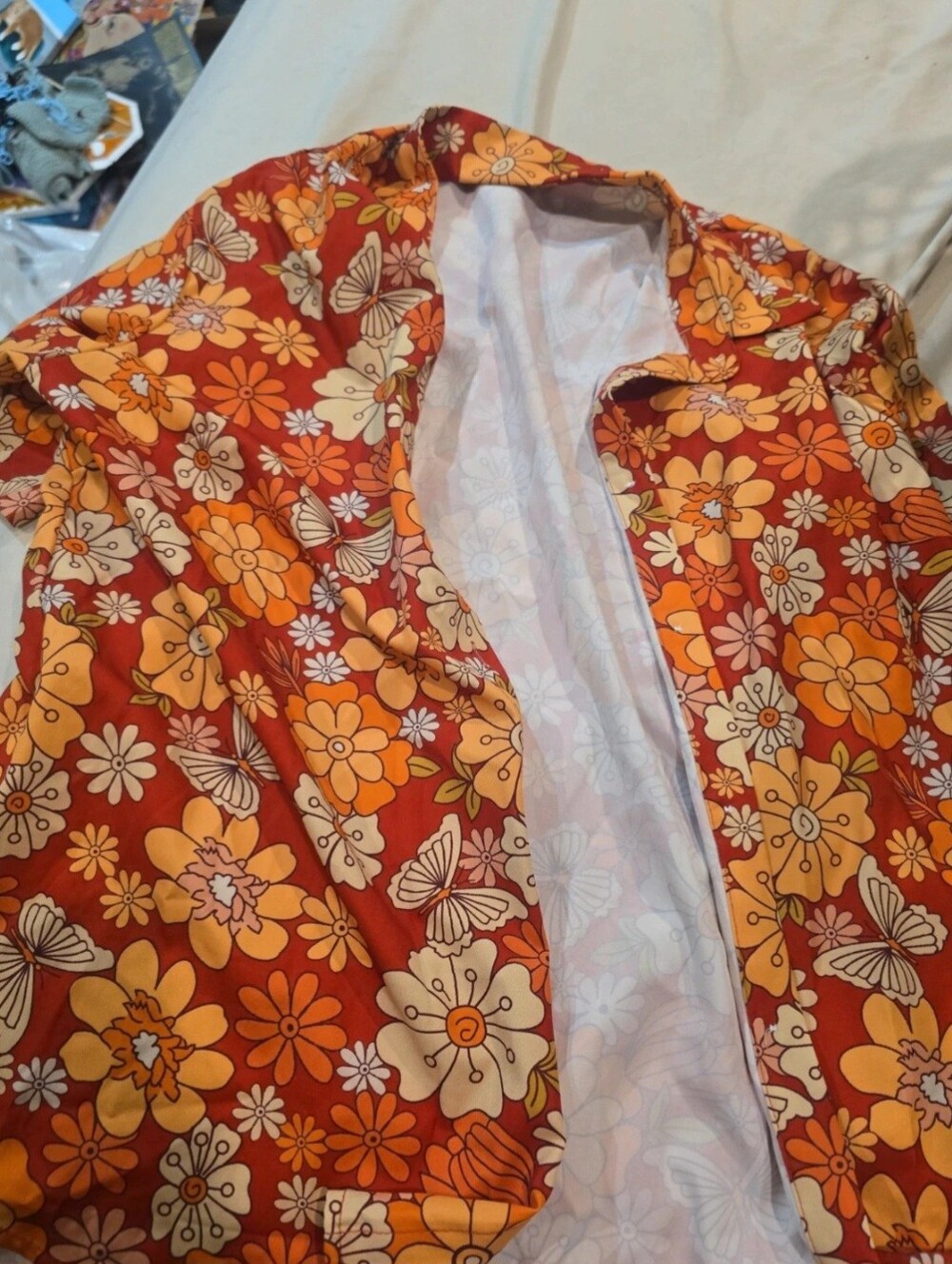 Amazon Orange Floral Trench Coat with Cream Accents